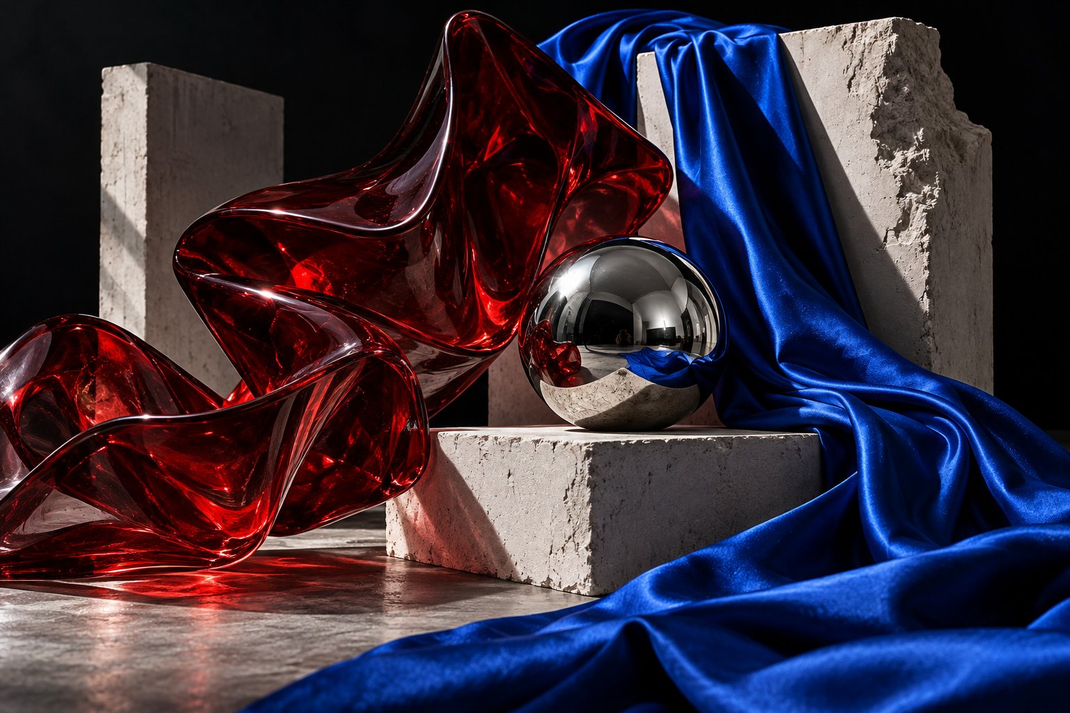 Abstract editorial still life with sculptural materials and dramatic color
